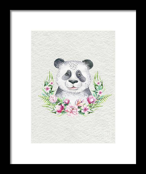 Panda Framed Print featuring the painting Panda Bear With Flowers by Nursery Art
