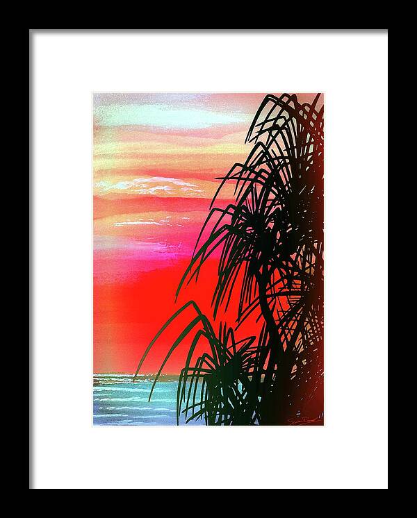 Pandanus Palm Sunset Framed Print featuring the painting Pandanus Palm Sunset by Simon Read