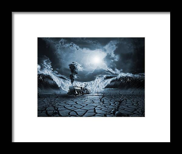 Crashing Wave Visionary Modern Surrealism Ocean Water Desert Train Framed Print featuring the digital art Panic Attack by George Grie