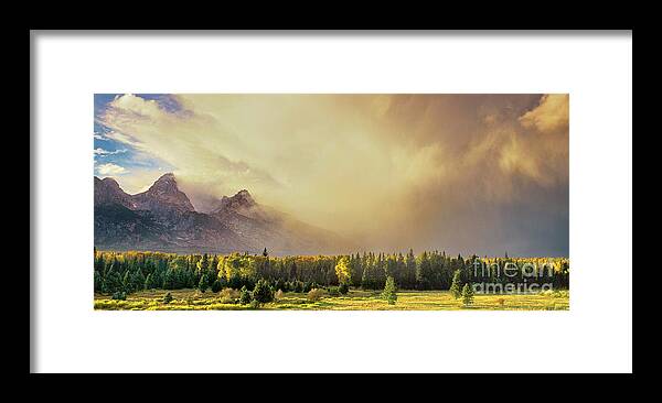 North America Framed Print featuring the photograph Panorama Clearing Storm over the Grand Tetons by Dave Welling