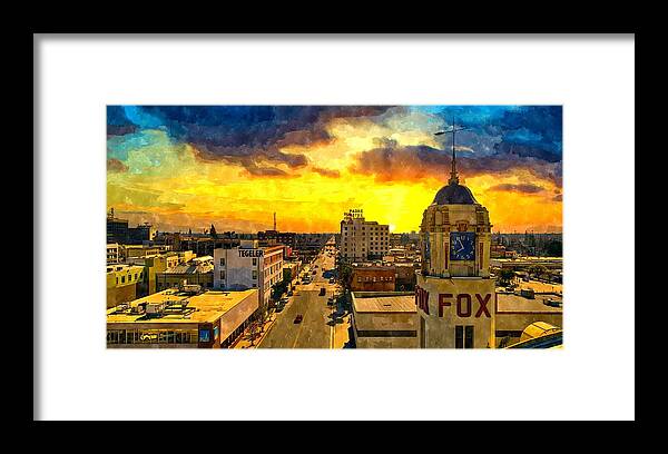 Bakersfield Framed Print featuring the digital art Panorama of downtown Bakersfield, California - watercolor painting by Nicko Prints