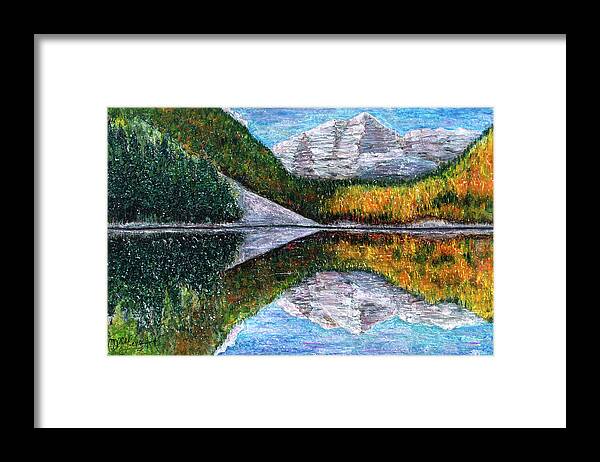 Olena Art Framed Print featuring the painting The Maroon Bells Peaks in the Rocky Mountains in Autumn by Lena Owens - OLena Art Vibrant Palette Knife and Graphic Design