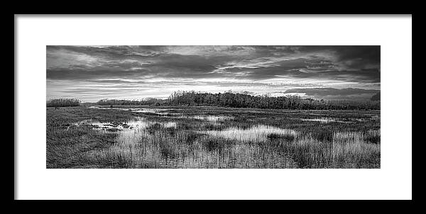 Clouds Framed Print featuring the photograph Panorama Overlooking the Marsh Black and White by Debra and Dave Vanderlaan