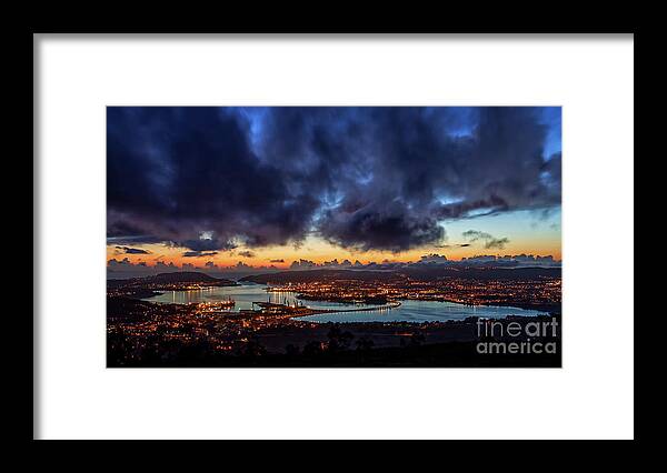 Port Framed Print featuring the photograph Panoramic View of Ferrol Estuary with Bridge and Shipyards Stormy Sky at Dusk La Corua Galicia by Pablo Avanzini