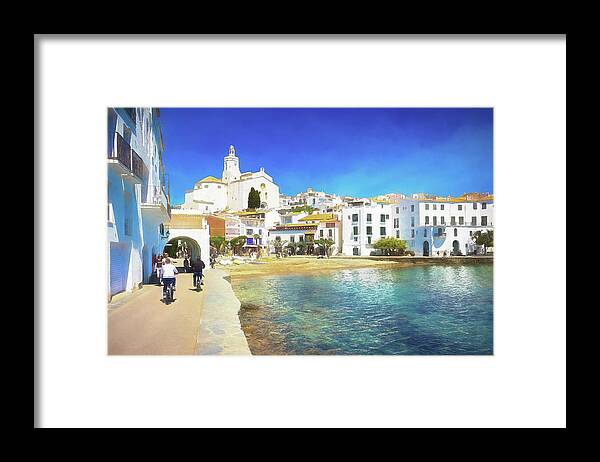 Canvas Framed Print featuring the photograph Panoramic view of population of Cadaques - 1 - Watercolor Editio by Jordi Carrio Jamila