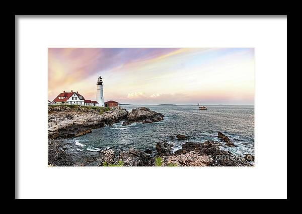 Maine Framed Print featuring the photograph Panoramic view of the Portland Head Lighthouse at sunset. Cape Elizabeth, Maine, USA. by Jane Rix