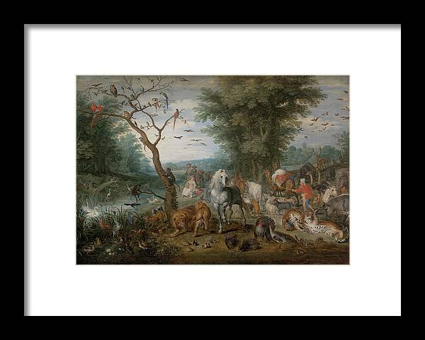 Jan Brueghel The Elder Framed Print featuring the painting Paradise Landscape with Animals. Date/Period From 1613 until 1615. Painting. Oil on panel. Heigh... by Jan Brueghel the Elder -1568-1625-