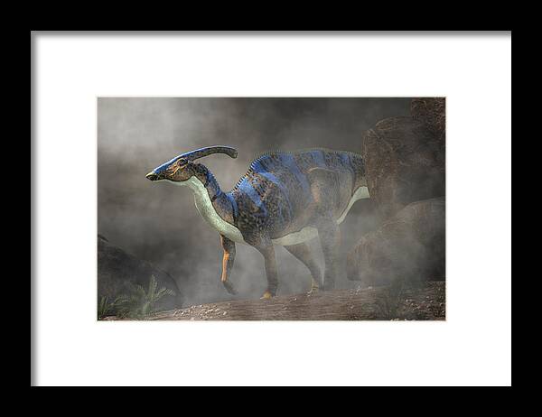 Parasaurolophus Framed Print featuring the digital art Parasaurolophus in Fog by Daniel Eskridge