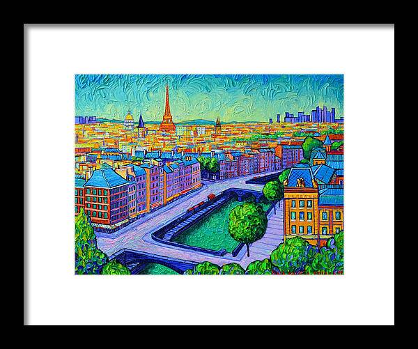 Paris Framed Print featuring the painting PARIS DAWN VIEW FROM NOTRE DAME TOWERS commissioned painting abstract cityscape Ana Maria Edulescu by Ana Maria Edulescu