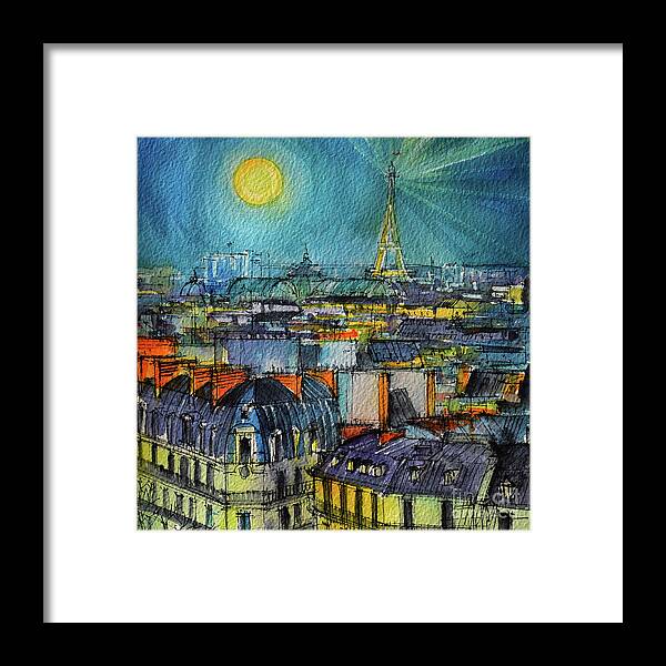 Paris Night Framed Print featuring the painting PARIS NIGHT watercolor painting Mona Edulesco by Mona Edulesco