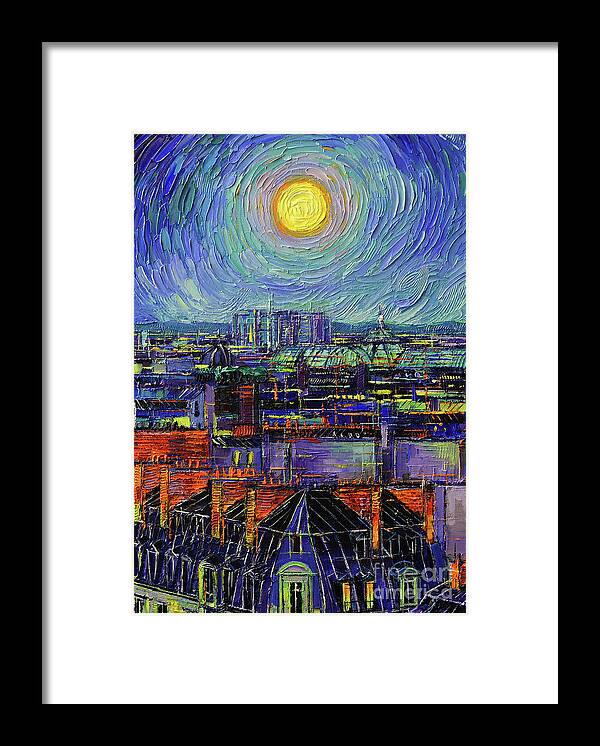 Paris Roofs In Moonlight Framed Print featuring the painting PARIS ROOFS IN MOONLIGHT oil painting Mona Edulesco by Mona Edulesco