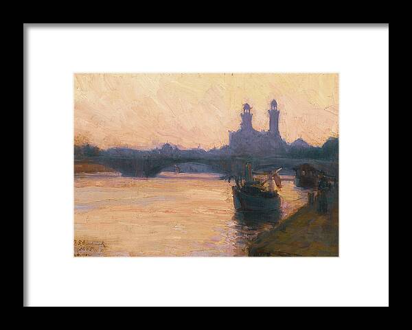 Seine Framed Print featuring the painting Paris sunset, the Seine, 1902 by AM FineArtPrints