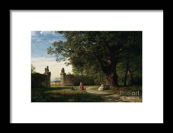 Hans Gude Framed Print featuring the painting Park landscape with figure, 1856 by O Vaering by Hans Gude