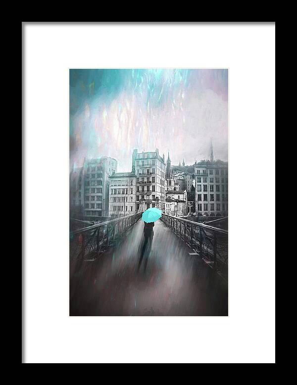 Lyon Framed Print featuring the photograph Passerelle Saint Vincent Lyon France Rainy Shades of Blue by Carol Japp