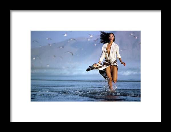 Jewelry Framed Print featuring the photograph Pat Cleveland Running On The Beach by Jacques Malignon