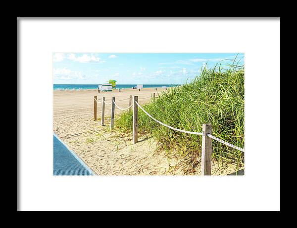 Beach Framed Print featuring the photograph Pathway to the beach in Miami Florida with ocean background by Maria Kray