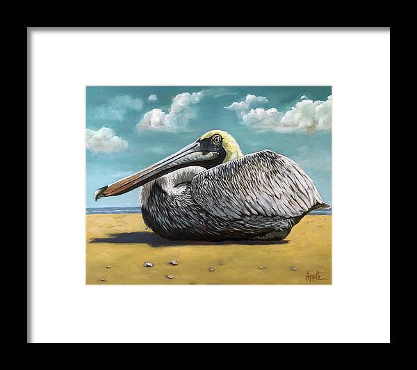Pelican Framed Print featuring the painting Patient Pelican oil painting by Linda Apple