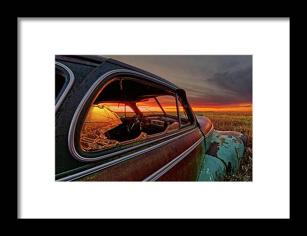  Framed Print featuring the photograph Patina Perspectives Series - 1 of 6 1947 Chevy coup abandoned in ND field at sunrise by Peter Herman