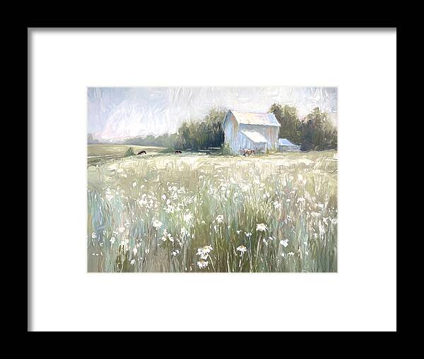 Rustic Barn Framed Print featuring the mixed media Peaceful Pastures 01 by Ramona Murdock