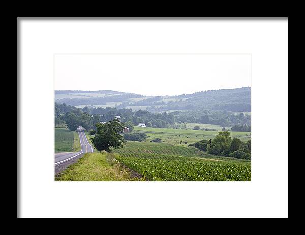 Scenics Framed Print featuring the photograph Peaceful Valley with Farm on Hazy Summer Evening by Genekrebs