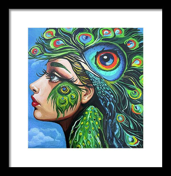 Peacock Hybrid Surrealism Abstract Color Framed Print featuring the painting Peahen XIV by Kasey Jones