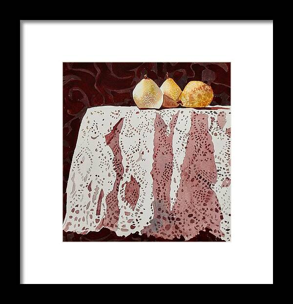 Still Life Framed Print featuring the painting Pears and Lace by Sandie Croft