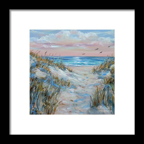Beach Framed Print featuring the painting Pelicans at the Shore by Linda Olsen