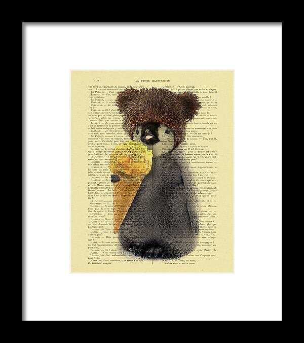 Penguin Framed Print featuring the digital art Penguin With Ice Cream by Madame Memento