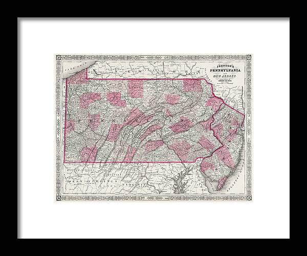 Pennsylvania Framed Print featuring the photograph Pennsylvania and New Jersey Vintage Map 1864 by Carol Japp
