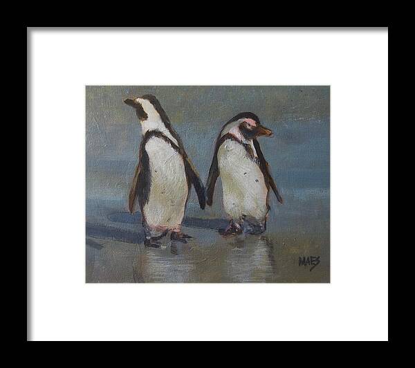 Waltmaes Framed Print featuring the painting Penquin Love Story by Walt Maes