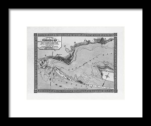 Florida Map Framed Print featuring the photograph Pensacola Bay Florida Vintage Map 1860 Black and White by Carol Japp
