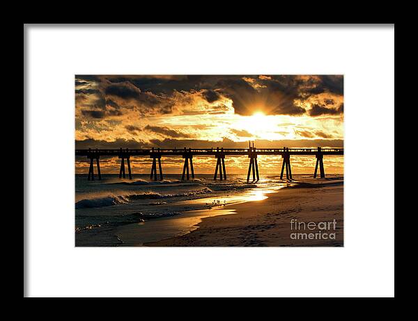 Sun Framed Print featuring the photograph Pensacola Beach Fishing Pier at Sunset by Beachtown Views