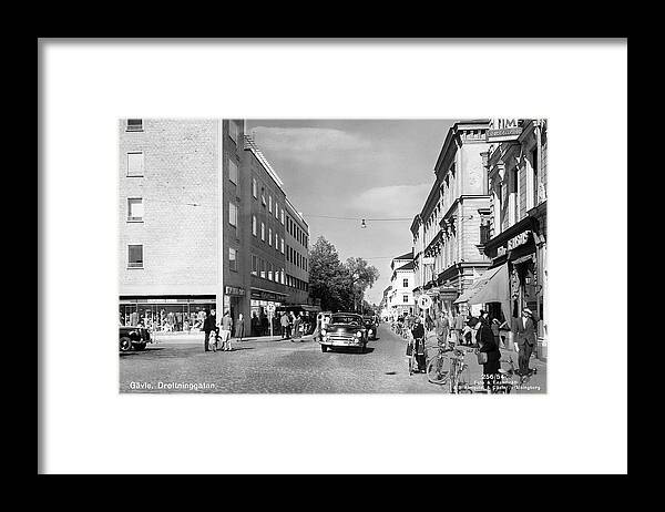 Vintage Framed Print featuring the painting People and cars in Drottninggatan by MotionAge Designs