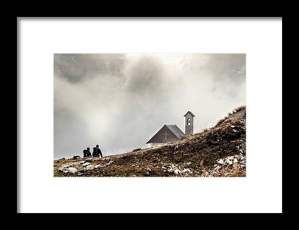 Italian Alps Framed Print featuring the photograph People hiking the trail to the church at Tre cime di lavadero. Italian Alps Italy by Michalakis Ppalis