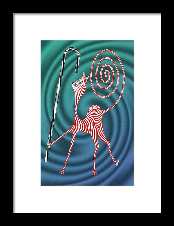 Enlightened Animals Framed Print featuring the digital art Peppermint Kitty Cane by Becky Titus