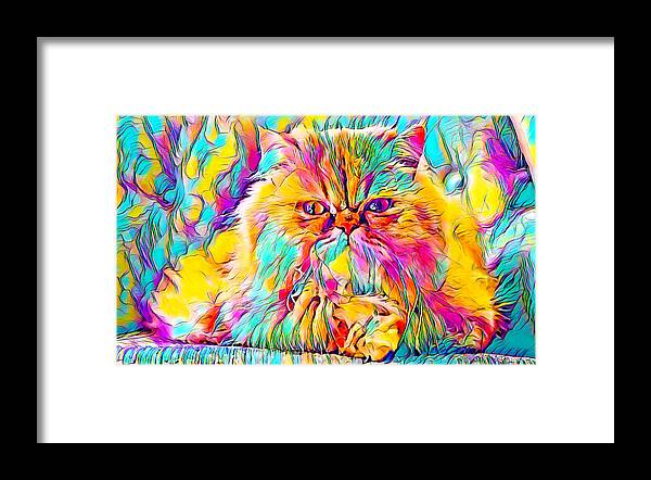 Persian Cat Framed Print featuring the digital art Persian cat looking at you - colorful painting by Nicko Prints