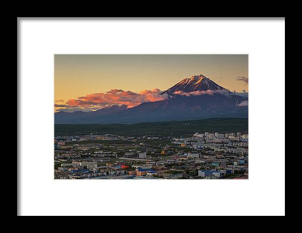 Kamchatka Framed Print featuring the photograph Petropavlovsk-Kamchatsky city at sunset by Mikhail Kokhanchikov