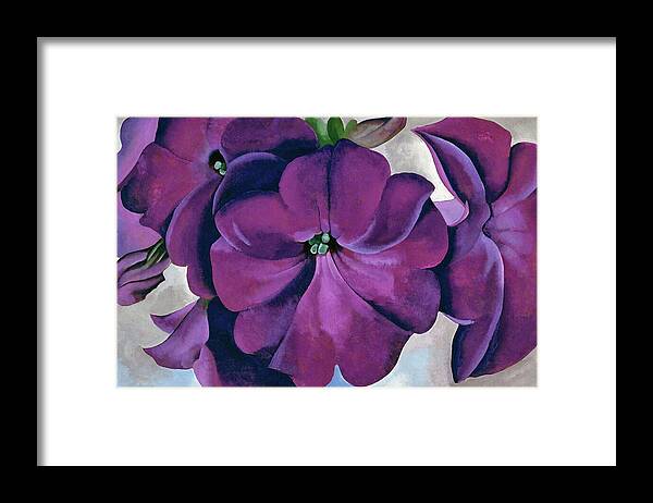 Georgia O'keeffe Framed Print featuring the painting Petunias - Modernist purple flower painting by Georgia O'Keeffe