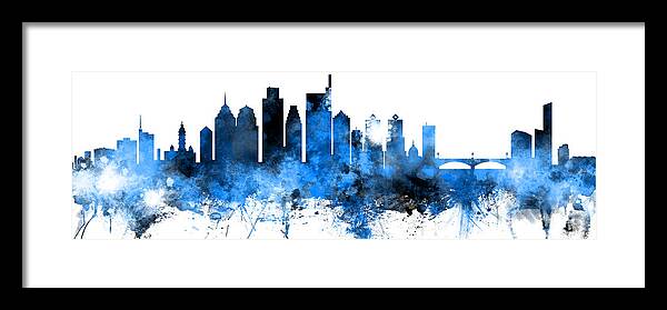 Philadelphia Framed Print featuring the digital art Philadelphia Pennsylvania Skyline Panoramic Blue by Michael Tompsett