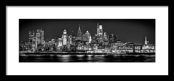 Philadelphia Skyline At Night Framed Print featuring the photograph Philadelphia Philly Skyline at Night from East Black and White BW by Jon Holiday