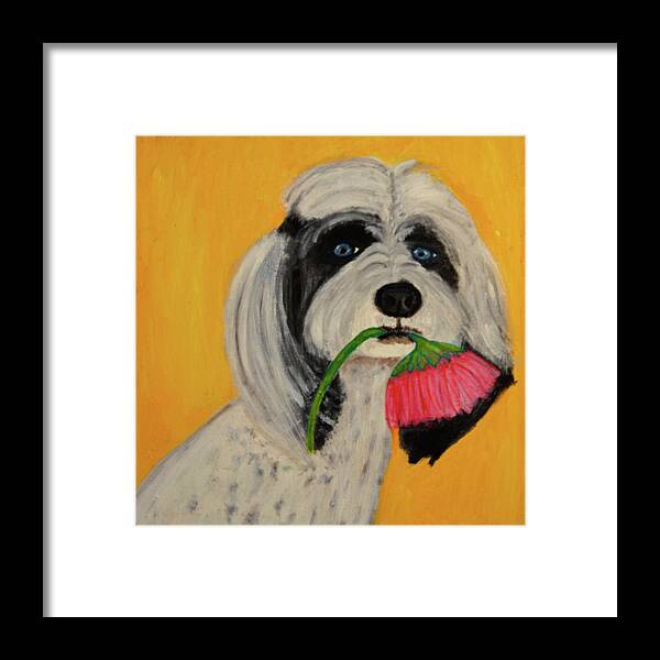 Dogs Framed Print featuring the painting Picking Flowers by Anita Hummel