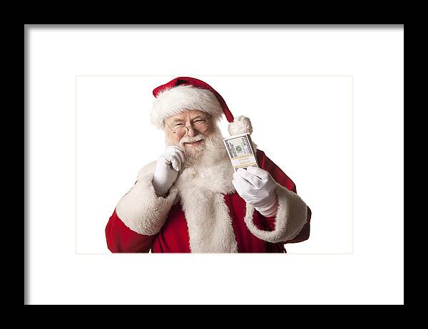 People Framed Print featuring the photograph Pictures of Real Santa Claus holding Christmas cash bonus by Inhauscreative