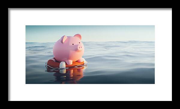 Debt Framed Print featuring the photograph Piggy Bank On Lifebuoy, 3d Render by Sezeryadigar