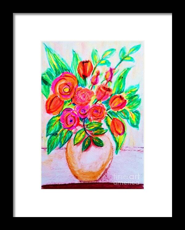 Pink Framed Print featuring the digital art Pink and Orange Floral Bouquet Pastel Chalk Digitally Altered by Delynn Addams