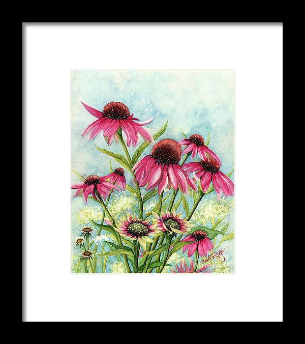 Flower Framed Print featuring the painting Pink Coneflowers by Janine Riley