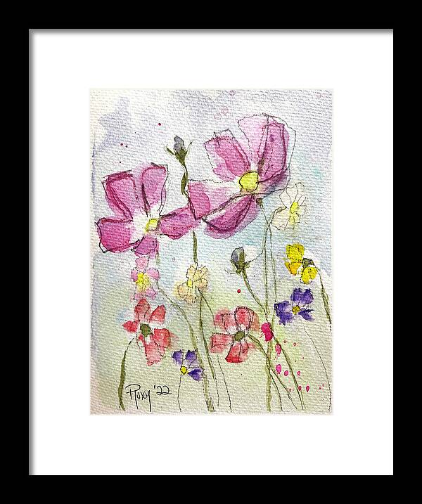 Pink Cosmos Framed Print featuring the painting Pink Cosmos by Roxy Rich