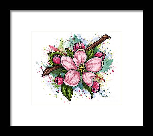 Flower Framed Print featuring the painting Pink flower on white background, cherry blossom by Nadia CHEVREL