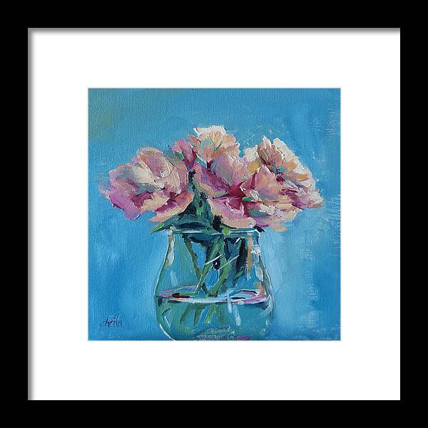 Pink Framed Print featuring the painting Pink Flowers with Blue by Sheila Romard
