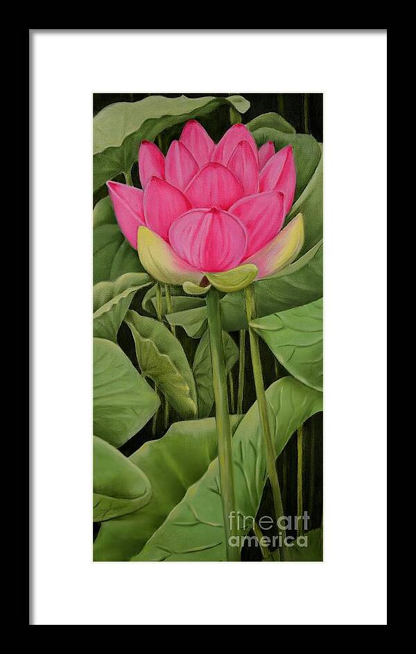 Lotus Framed Print featuring the painting Pink Lotus And Leaves by Mary Deal