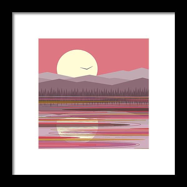 Pink Reflections And Purple Mountains Framed Print featuring the digital art Pink Reflections and Purple Mountains by Val Arie
